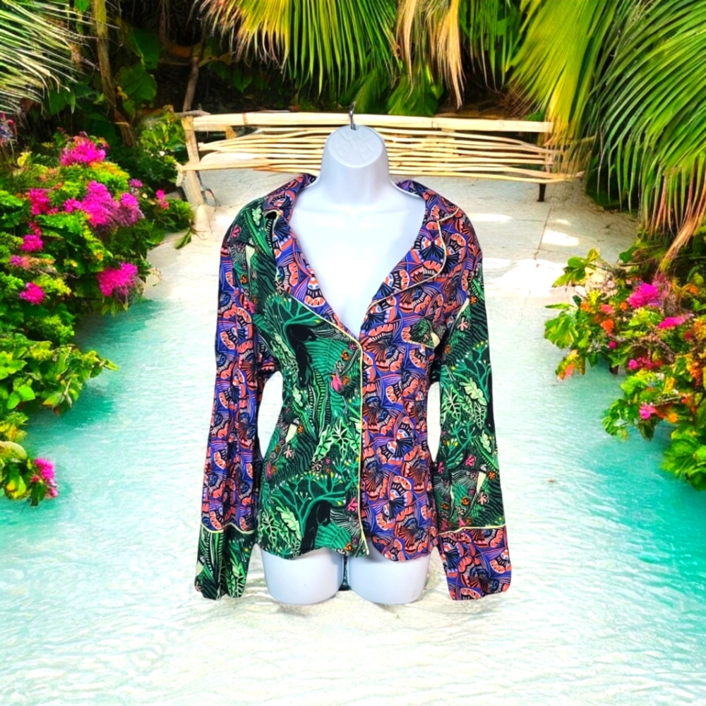 Anthropology Woman's Bohemian Shirt Indie Vacation style button-up Colorful M
